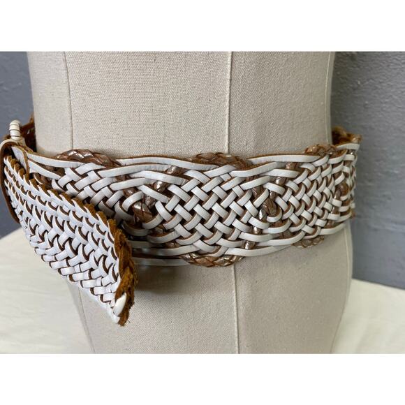 White Brown Woven Braided Leather Belt Linea Pelle Hippie Boho Retro - Picture 6 of 10